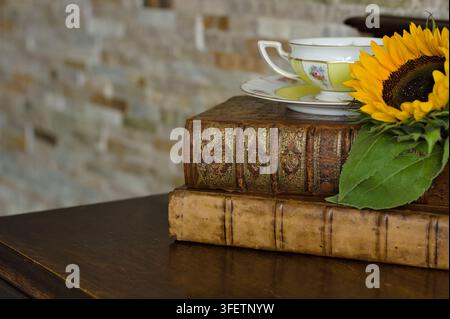 Vintage-Teetasse und Untertasse mit einem Sonnenblumenarrangement auf antiken ledergebundenen Büchern in einem warmen traditionellen Interieur. Stockfoto