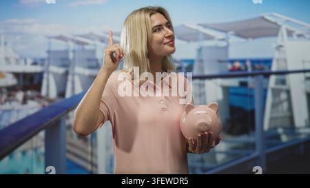 Frau mit rosafarbenem Polka Dot, Schweinebank zeigt den rechten Zeigefinger nach oben, während sie im Studio nach oben blickt; Optimismus Sparplanung. Stockfoto
