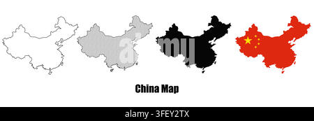 Vektor-Kartenkollektion China mit Umriss, Rastermuster, fester Silhouette und Nationalflagge Stock Vektor
