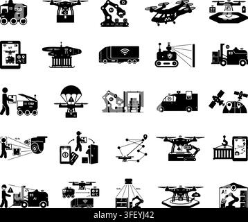 Glyphen für autonome Logistik und Drohnenliefer-Ikonensatz. Vektorillustrationen für unbemannten LKW, Roboter-Rover, robotischen Sortierarm, Lufttaxi und mehr Stock Vektor