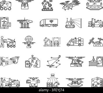 Linienautonomes Logistik- und Drohnenliefer-Symbolset. Vektorillustrationen unbemanntes Fahrzeug, Roboter-Rover, robotischer Sortierarm, Lufttaxi, autonome Lieferung Stock Vektor