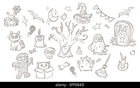 Vektor-Set von Halloween-Linienkunst-Charakteren und Symbolen Stock Vektor
