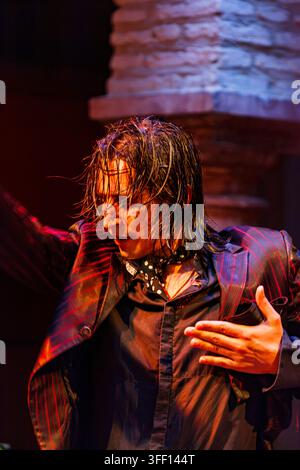 SEVILLE, SPANIEN – 26. OKTOBER 2023: Eine Flamenco-Tänzerin performt mit intensiver Emotion auf der Bühne in Sevilla, Spanien. Das nasse Haar der Tänzerin und das dramatische Licht Stockfoto