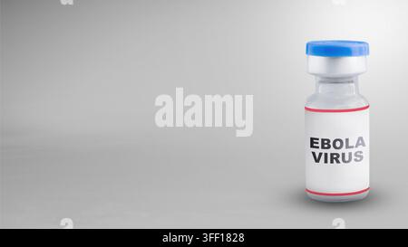 Eine Nahaufnahme-Studioaufnahme einer Glas-Medicinampulle mit der Beschriftung Ebola-Virus, isoliert auf einem sauberen, neutralen grauen Hintergrund, repräsentierend Immunisierung, Medizin, Stockfoto