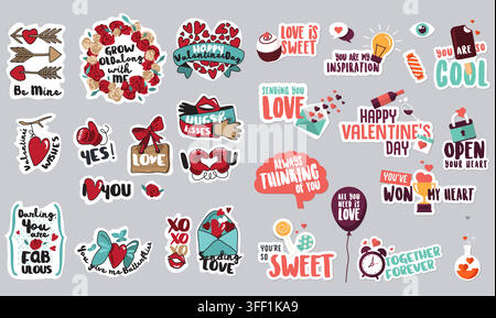 Vektor-Illustrationsset von Valentinstags-Liebesaufklebern mit romantischen Abzeichen, niedlichen Zitaten, Herzen, Blumen, Pfeilen und süßen Symbolen. Stock Vektor