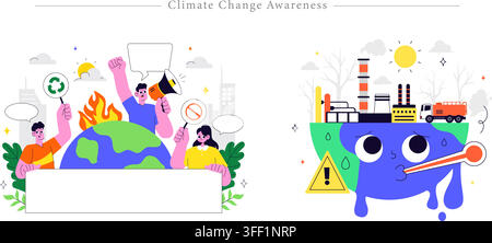 Vektor-Illustrationsset zum Konzept des Klimawandelsbewusstseins mit Umweltprotestaktivisten, brennender Erde, schmelzendem Planeten und Fabrik Stock Vektor