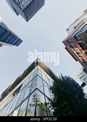 Tokio, Japan – 03. November 2025: Blick auf moderne Wolkenkratzer mit Glasfassaden, die sich in Richtung eines klaren Himmels im Stadtzentrum erstrecken. Stockfoto