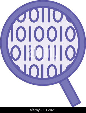 Violettes Vergrößerungsglas mit Code-Symbol. Vektorillustration. Codeanalyse im Programmieren. Fehlererkennung, Sicherheitsüberprüfung. Digitale Forensik und Cybe Stock Vektor