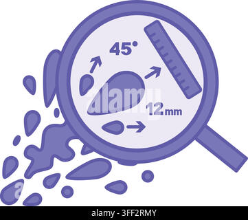 Ikone für die forensische Analyse von violetten Blutspritzern. Vektorillustration. Lupe, Messung der Blutfleckenposition. Untersuchung, Polizei, Beweise. D Stock Vektor