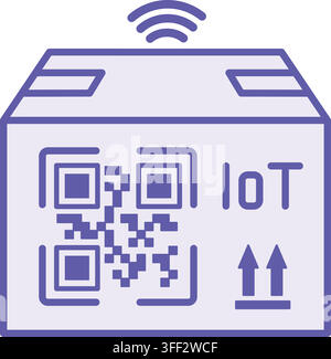 Lila Smart Shipping Label Symbol. Vektorillustration. Enthält verschlüsselte Paketdaten und Echtzeitverfolgung. Konzept für autonome Logistik Stock Vektor