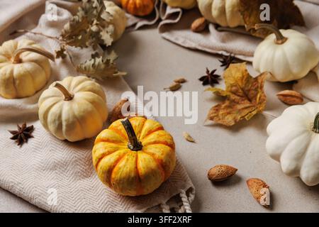 Gemütliche Herbstkomposition mit weißen Kürbissen, Nüssen, trockenen Blättern und Gewürzen auf strukturiertem Stoff Stockfoto