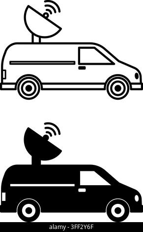 Satelliten-Truck-Symbole. Schwarz-Weiß-Vektorsymbole. Fahrzeug zum Transport von Reporterausrüstung. Journalismus-Konzept Stock Vektor