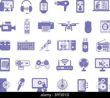 Farbiges Symbolset Geräte. Vektorillustrationen Computer, Smartphone, Kopfhörer, Smartwatch, Fernseher, Mikrofon, Drohne, Waschmaschine, Webcam, Modem Stock Vektor