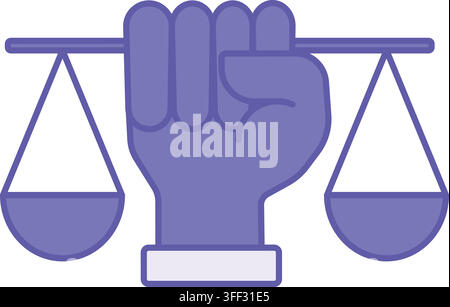 Farbiges Menschenrechts-Symbol. Vektorillustration. Menschliche Hand hält Waage der Gerechtigkeit. Recht auf rechtlichen Schutz aller Menschen. Gerechtigkeitskonzept Stock Vektor