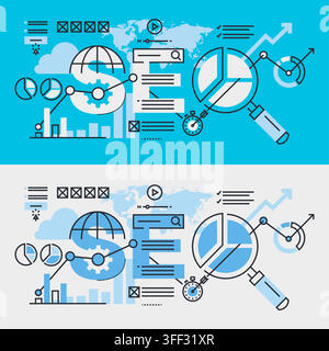 Vektor-Banner-Illustrationsset für SEO mit Suchmaschinenoptimierungs-Icons, Analysediagrammen, Web-Ranking und digitalen Marketing-Symbolen. Stock Vektor