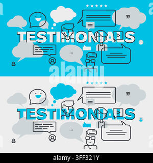 Vektor-Banner-Illustrationsset von Testimonials mit Kundenbewertungen, Sprechblasen, Feedback und Symbolen für Benutzererfahrung. Stock Vektor