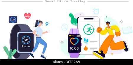 Vektor-Illustrationsset von Smart-Fitness-Tracking mit tragbaren Geräten, mobilen Gesundheits-Apps, Läufern und Übungssymbolen. Stock Vektor