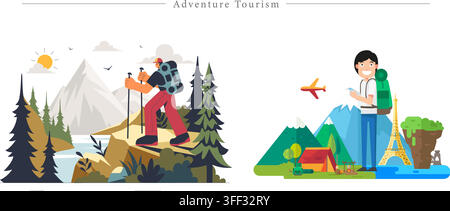 Vektor-Illustrationsset für Abenteuertourismus mit Bergwandern, Rucksacktouristen, Entdeckern, Camping und Reisesymbolen. Stock Vektor