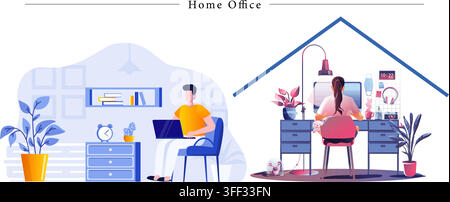 Vektor-Illustrationsset von Heimbüros mit Remote-Arbeitern, Schreibtisch-Einrichtungen, Laptop-Computern, Arbeitsplätzen und Innendesign-Symbolen. Stock Vektor