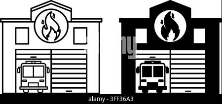 Feuerwache-Symbole. Schwarz-Weiß-Vektorillustrationen. Gebäude für die Unterbringung eines Feuerwehrautos, Ausrüstung und Personal. Feuerwehrmann-Konzept Stock Vektor