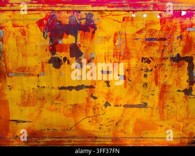 Nahaufnahme einer verwitterten Metalloberfläche, die lebendige gelbe und orangefarbene Töne zeigt. Dunkelrote und braune Rostflecken offenbaren Alter und Textur und schaffen eine reiche Patina. Stockfoto