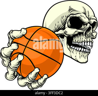 Ein grimmiger Sensenmann oder ein Death Skeleton Sportteam oder Halloween Event Maskottchen hält einen Basketballball Stock Vektor