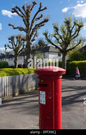Ein Fußgänger geht an einer roten Royal Mail-Säule auf einer Londoner Wohnstraße vorbei, um die tägliche Post abzuholen. Stockfoto