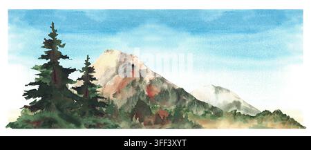 Berglandschaft mit immergrünen Bäumen, Herbstwald und blauem Himmel. Aquarellgemälde von Herbstwäldern. Immergrüne Nadelbäume und farbenfrohes Laub von Stockfoto