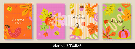 Satz von hellen herbstlichen Grußflyern mit handgezeichneten bunten Kürbissen, Eicheln, herbstlichen Ahorn- und Eichenblättern im kindlichen Stil. Design für Grußkarten, Einladungen, Poster, Druck, Web, Verkaufsaktionen. Vektor Stock Vektor