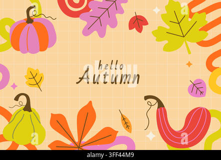 Grußkarte zum Herbst. Helle Fahne mit handgezeichneten Herbstsymbolen – Kürbis, bunte Ahorn- und Eichenblätter. Design für Grußkarten, Einladungen, Poster, Drucke, Web, Verkauf. Vektorillustration. Stock Vektor
