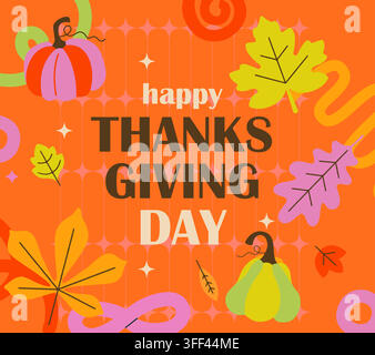 Fröhliches Thanksgiving-Day-Grußbanner. Helles Banner mit handgezeichneten Kürbissen und farbenfrohen Ahorn-, Eichenblättern. Design für Grußkarten, Einladungen, Poster, Drucke, Web, Verkäufe. Vektorillustration Stock Vektor