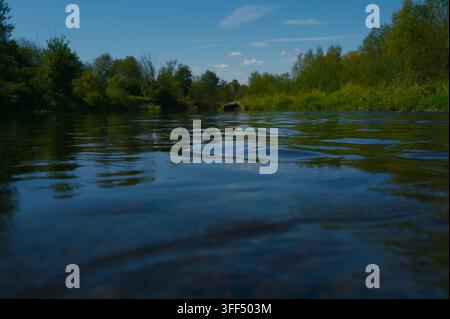 Niedriger Nahaufnahmeshot von ruhigem Flusswasser, das durch eine üppige grüne Landschaft unter einem blauen Himmel fließt Stockfoto