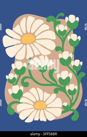 Florale Komposition mit cremefarbenen Gänseblümchen, grünen Ranken und warmen gelben Mittelpunkten auf einem tiefen marineblauen Hintergrund. Stock Vektor