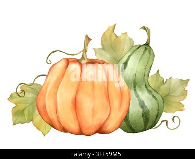 Handgezeichnete Illustration eines orangefarbenen Kürbisses und einer grünen Gurke mit Blättern Stockfoto