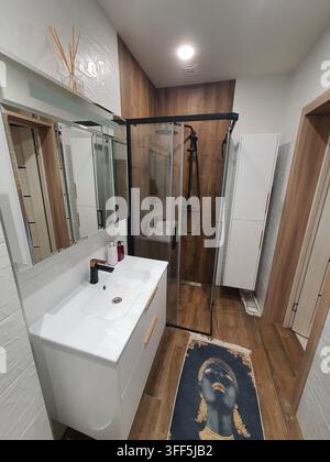 Modernes Badezimmerinterieur mit einem weißen rechteckigen Keramik-Waschbecken mit mattschwarzem und goldenem Wasserhahn, das unter einem großen Spiegel platziert ist. Zu Stockfoto