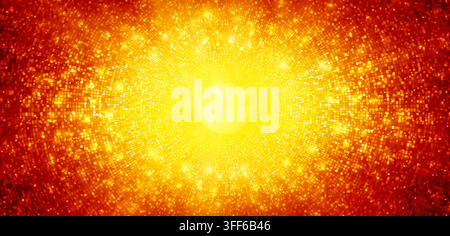 Abstraktes goldenes Mosaik-Disco-Paillettenmuster. Luxuriöse golden glitzernde Halbtone-Abdeckung. Disco-Kugel-Textur. Leuchtendes Sonnenexplosions-Hintergrund. Gradient re Stock Vektor