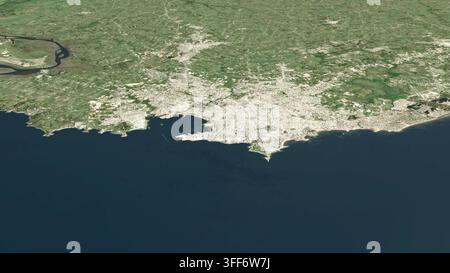 Schräge Luftaufnahme-3D-Illustration von Montevideo, Uruguay, mit umgebendem Gelände und städtischer Landschaft im frühen Morgenlicht. - Fotomontage Stockfoto