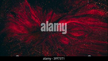 Farbspritzer. Glitzerpigment. Unscharfe violett-rote Farbvermischung glänzende Lichttextur, die sich auf abstraktem Kunsthintergrund ergießt. Stockfoto