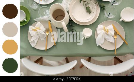 Gastronomie und gehobene Küche, elegante Tischgestaltung mit grüner Leinentischdecke und goldenem Besteck für Luxusveranstaltung oder Hochzeitsempfang Stockfoto