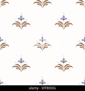 Blumenmuster Blockdruck rosa blau goldener Hintergrund mit Wiesen-Fleur-de-Lis-Blumen. Stock Vektor