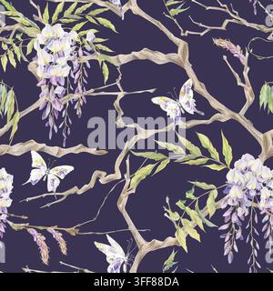 Glyzinie, Goldregen, lila Glyzinien-Blütenrispen, Ranken und blattreiche Stängel an alten verdrehten Ästen, Gartenfalter fliegen. Nahtloses Blumenmuster Stockfoto