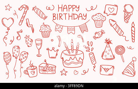 Glücklicher-Geburtstags-Vektor handgezeichnetes Doodle-Set mit Kuchen, Luftballons, Cupcakes, Geschenken, Partyhüten, Süßigkeiten, Konfetti und Feier-Icons. Stock Vektor