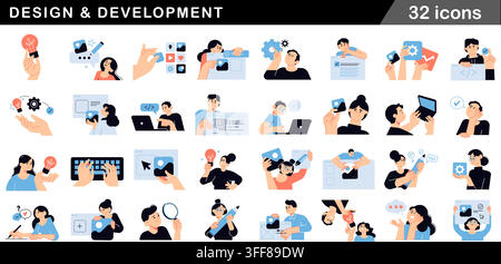 Design- und Entwicklungs-Vektor-Symbolset mit 32 kreativen Prozesssymbolen, Ideenfindung, Codierung, Webdesign, UI UX und Teamzusammenarbeit. Stock Vektor