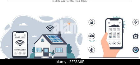 Mobile-App zur Steuerung von Home-Vektor-Banner-Illustrationen mit Smart-Home-Automatisierung, Smartphone, Wi-Fi-Verbindung und Solarpanelen. Stock Vektor