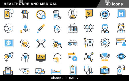 Healthcare und medizinisches Vektorsymbolset mit 40 Linien-Symbolen, Krankenhaus, Arzt, Krankenwagen, Kreuz, Pillen, Stethoskop und Gesundheitskonzepten. Stock Vektor