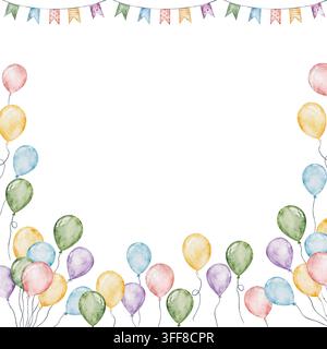 Aquarell-Geburtstagsrahmen im Rechteckformat, handgemalte Partyvorlage mit Heliumballon und bunter Flaggen-Girlande. Illustration festlicher Luftballons für Stockfoto