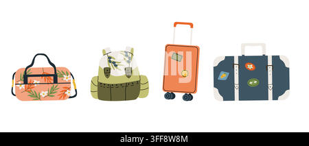 Cartoon-Flachgepäckset für Flughafen oder Flugzeug. Sommerliches tropisches Gepäck, mediterraner Rucksack, Flugzeugkoffer und Reisegepäck. Vektorillustration Stock Vektor