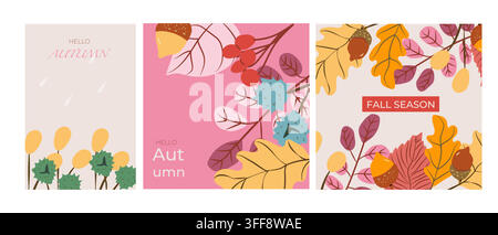 Sammlung moderner Herbstposter und Banner, die stilisierte Blätter und einfache geometrische Formen in Dunkelrot, Rosa und Warmgelb kombinieren, flacher Minimalismus Stock Vektor