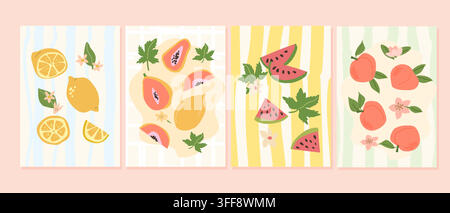 Mediterraneische Decken mit Sommerfrüchten gesetzt. Zitrone, Wassermelone, Pfirsich und Papaya auf Streifenmuster. Handgezogenes Amalfi-Poster-Set im flachen Stil. Retro Stock Vektor