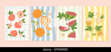 Satz moderner abstrakter Sommerposter mit Orange, Pfirsich, Wassermelone und Ananas auf blauen, gelben und grünen Streifen. Handgezeichnete Illustration im Trend Stock Vektor